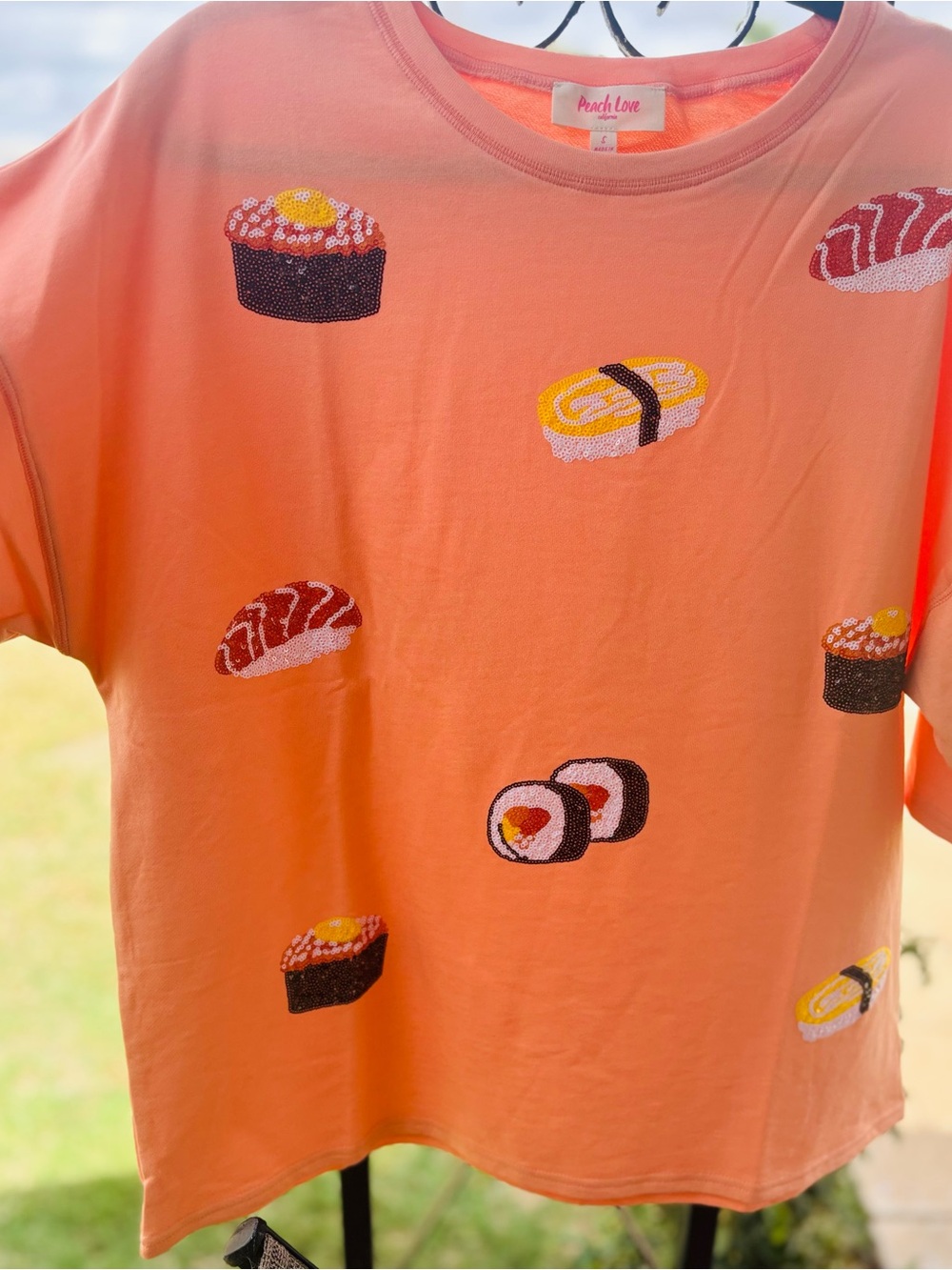 Peach Love California Coral Sushi Embroidered Short Sleeve Tee